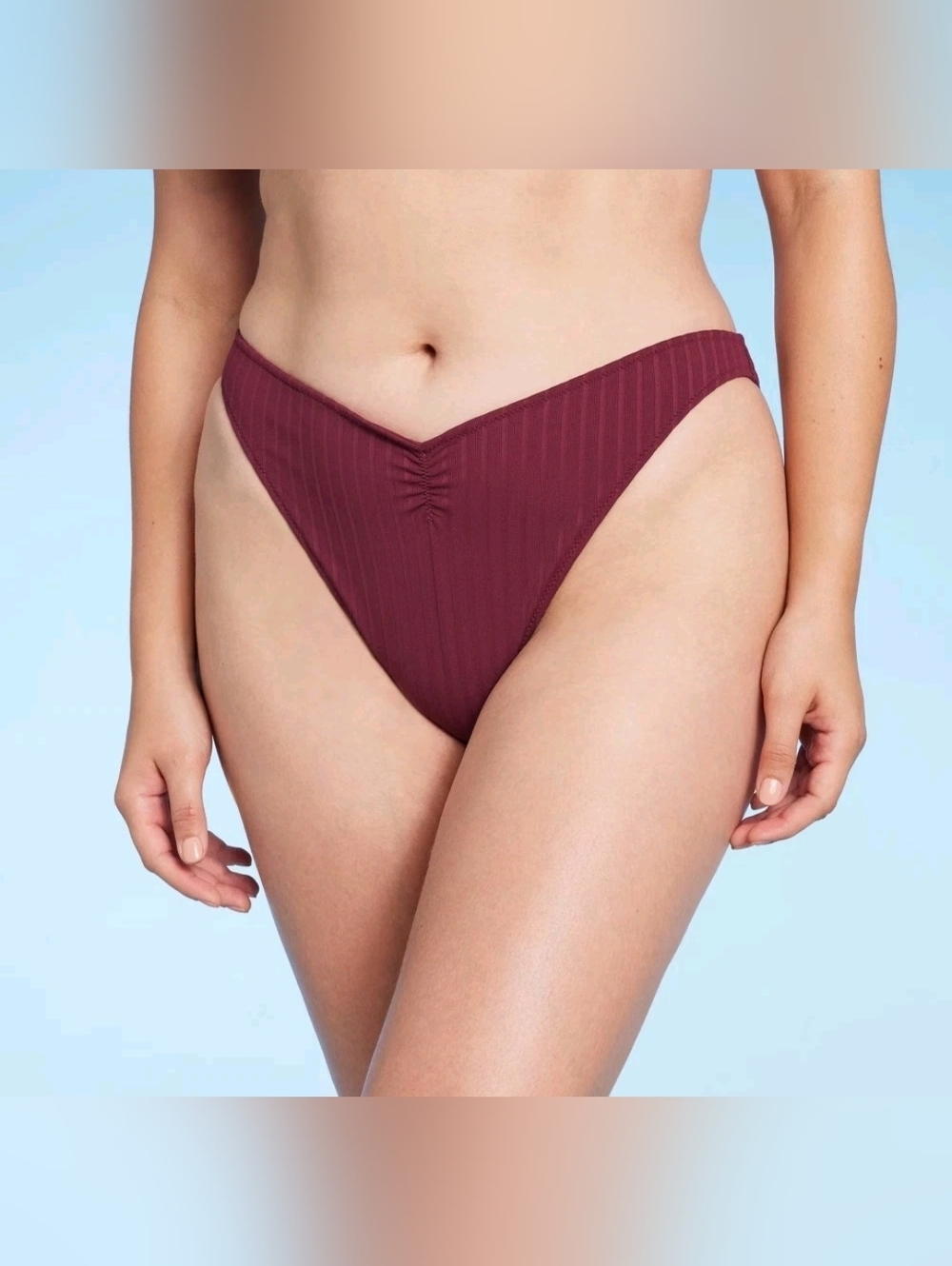Shade & Shore V-Front Ribbed High Leg Extra Cheeky Burgundy Bikini Swim Bottom M